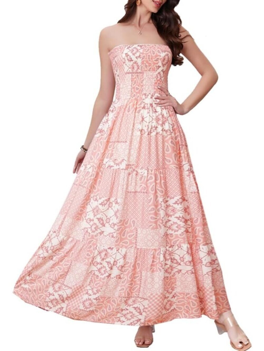 Women's Pink Mosaic Stylish Tube Top Off Shoulder Boho Beach Long Maxi Dress